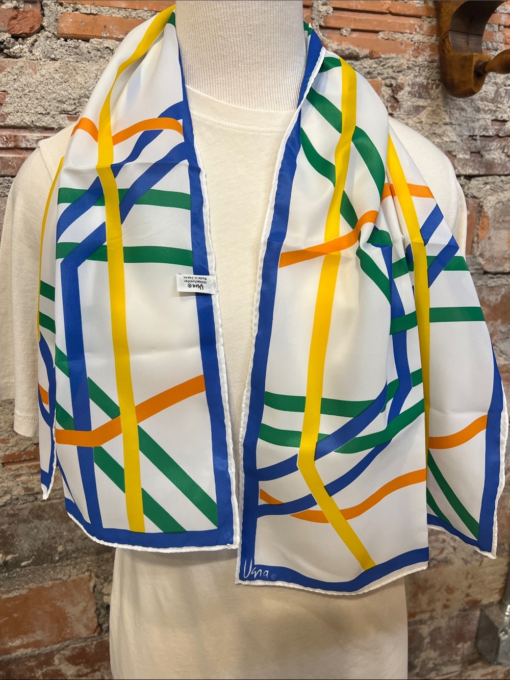 Vintage Vera Neumann Geometric scarf blue green & orange  handrolled  deadstock